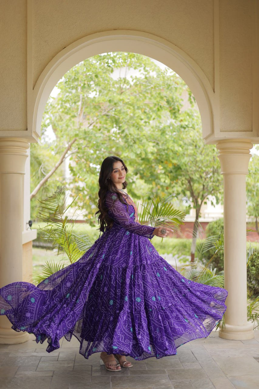 Purple Bandhani Print Gown ClothsVilla