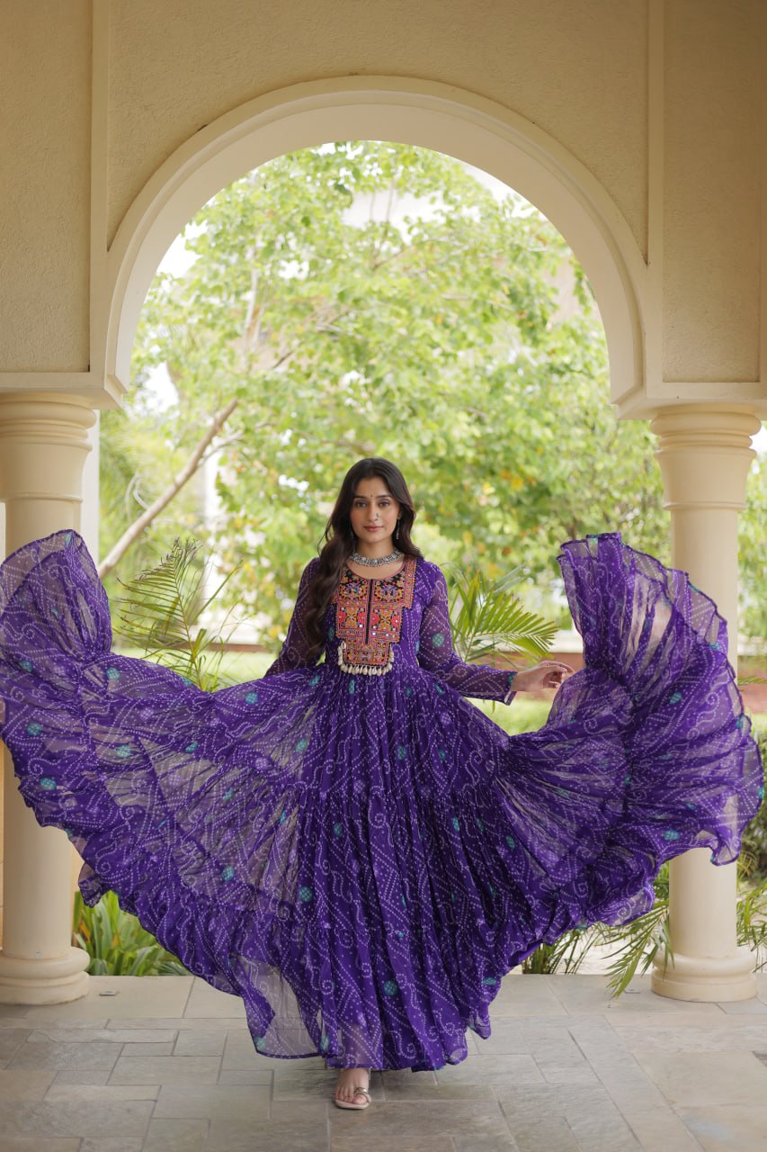 Purple Bandhani Print Gown ClothsVilla
