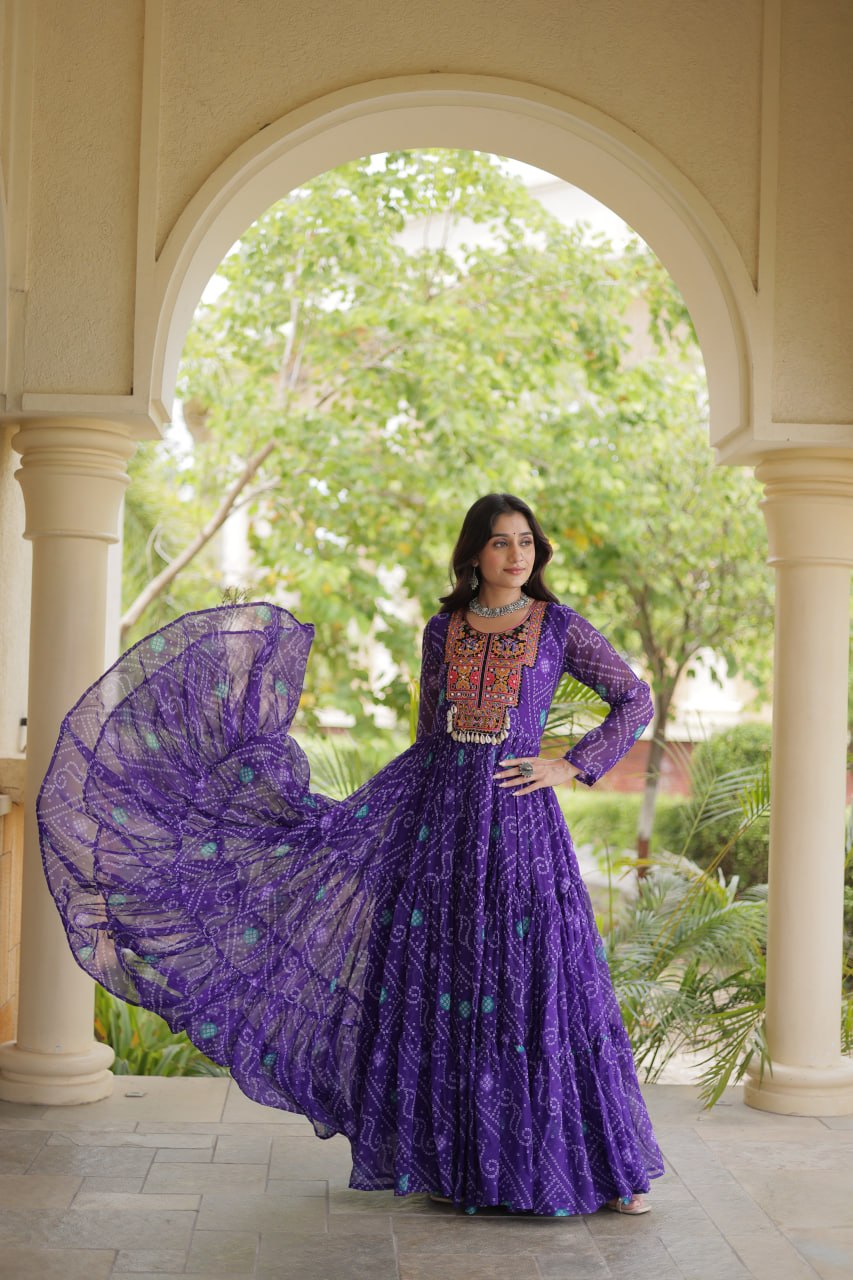 Purple Bandhani Print Gown ClothsVilla