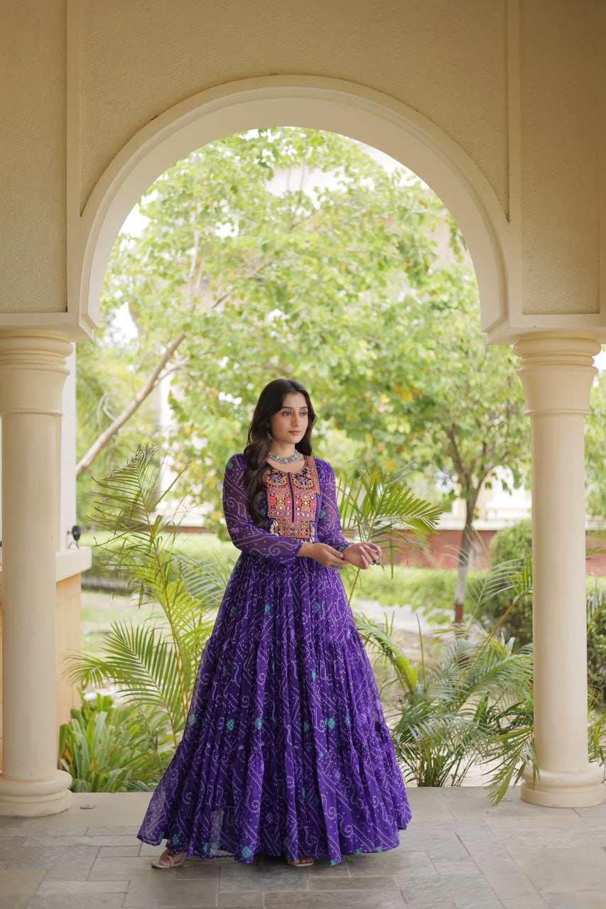 Purple Bandhani Print Gown ClothsVilla