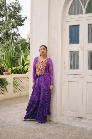 Purple Bandhani Print & Kutchi Gamthi Patchwork Top with Matching Bottom Set ClothsVilla