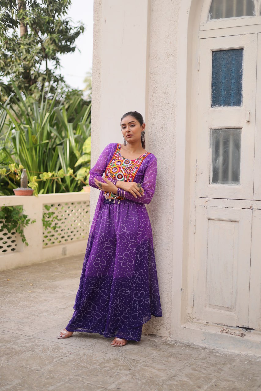 Purple Bandhani Print & Kutchi Gamthi Patchwork Top with Matching Bottom Set ClothsVilla