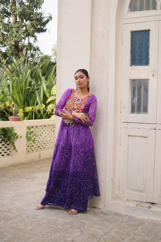 Purple Bandhani Print & Kutchi Gamthi Patchwork Top with Matching Bottom Set ClothsVilla