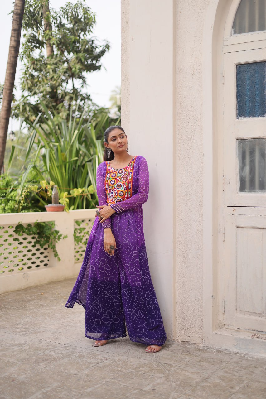 Purple Bandhani Print & Kutchi Gamthi Patchwork Top with Matching Bottom Set ClothsVilla