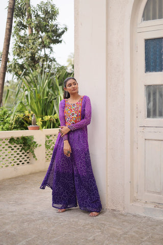 Purple Bandhani Print & Kutchi Gamthi Patchwork Top with Matching Bottom Set ClothsVilla