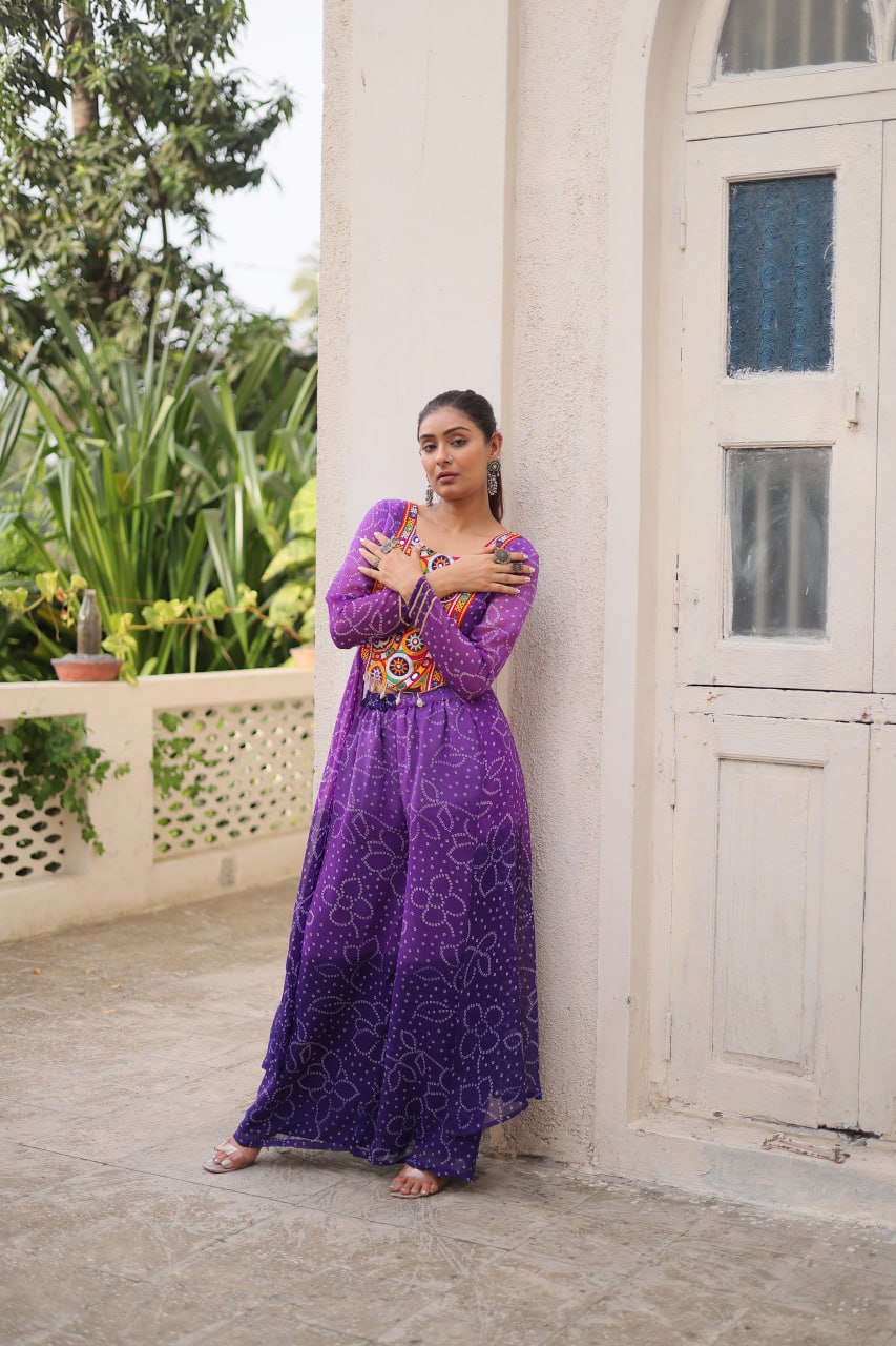 Purple Bandhani Print & Kutchi Gamthi Patchwork Top with Matching Bottom Set ClothsVilla
