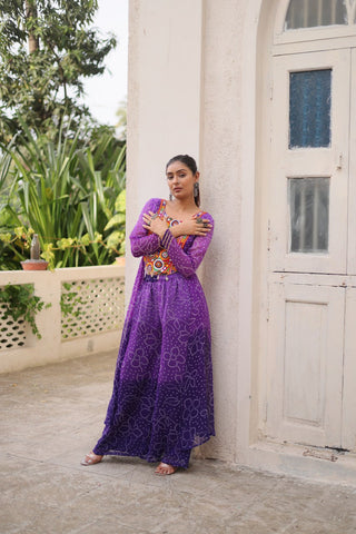 Purple Bandhani Print & Kutchi Gamthi Patchwork Top with Matching Bottom Set ClothsVilla