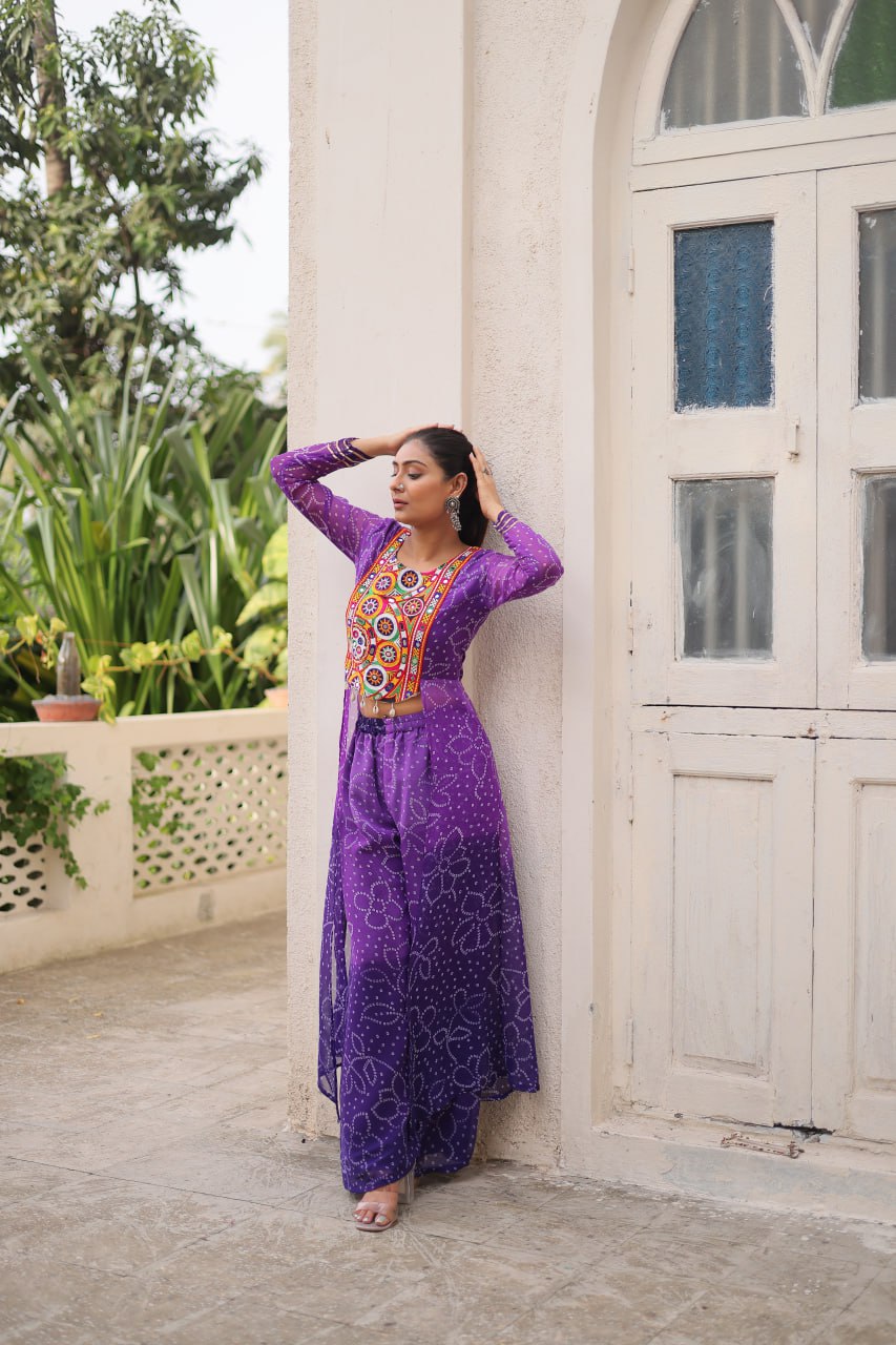 Purple Bandhani Print & Kutchi Gamthi Patchwork Top with Matching Bottom Set ClothsVilla