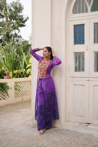 Purple Bandhani Print & Kutchi Gamthi Patchwork Top with Matching Bottom Set ClothsVilla