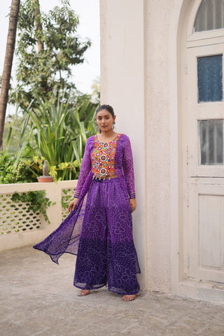 Purple Bandhani Print & Kutchi Gamthi Patchwork Top with Matching Bottom Set ClothsVilla