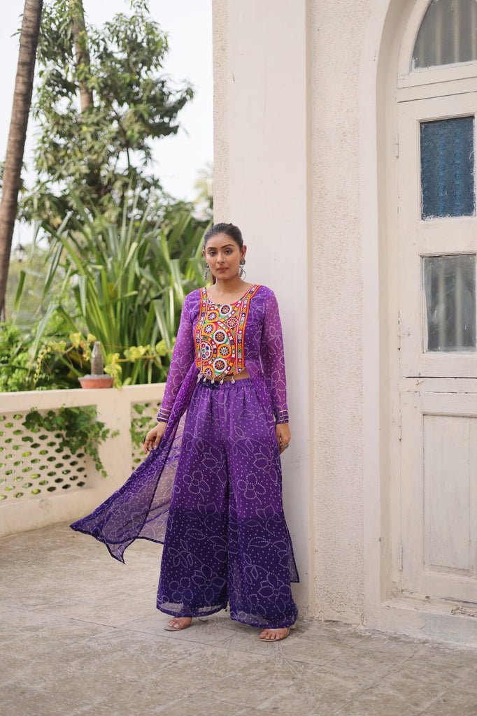 Purple Bandhani Print & Kutchi Gamthi Patchwork Top with Matching Bottom Set ClothsVilla