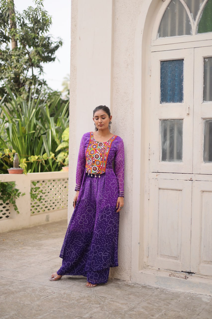 Purple Bandhani Print & Kutchi Gamthi Patchwork Top with Matching Bottom Set ClothsVilla
