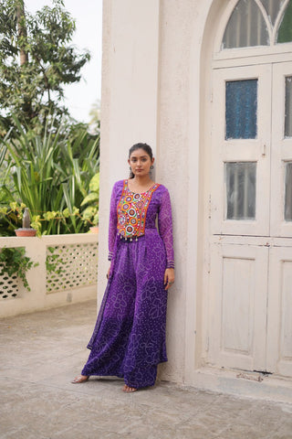 Purple Bandhani Print & Kutchi Gamthi Patchwork Top with Matching Bottom Set ClothsVilla