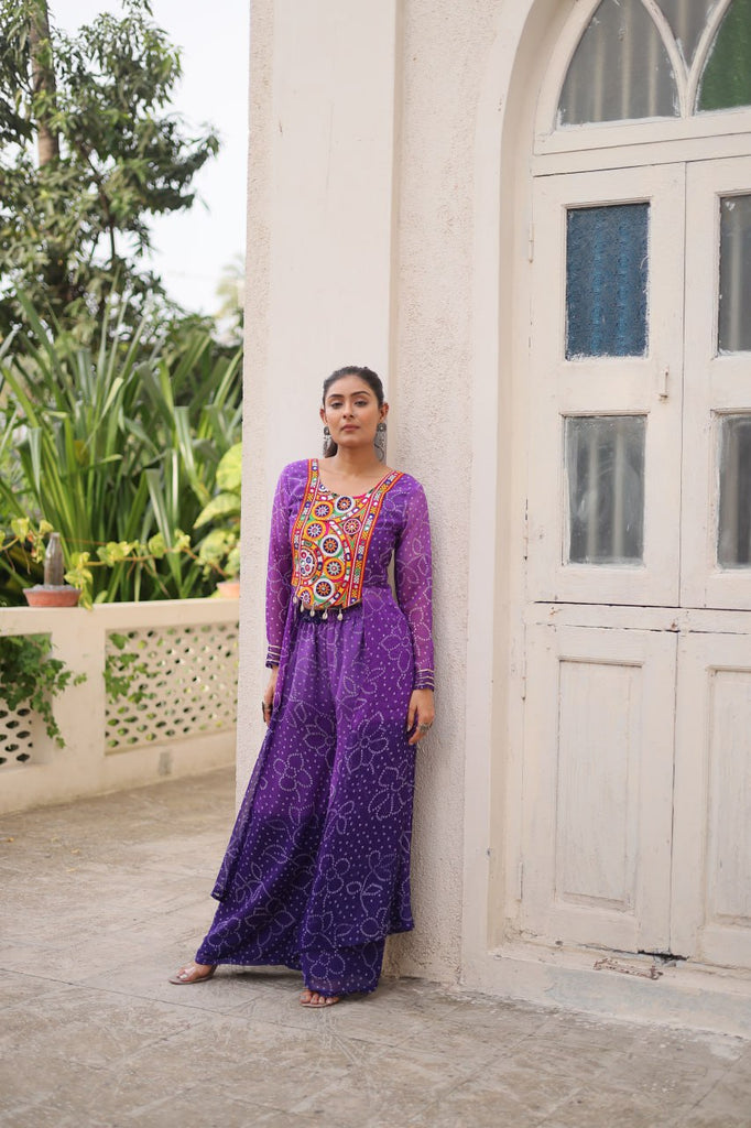 Purple Bandhani Print & Kutchi Gamthi Patchwork Top with Matching Bottom Set ClothsVilla