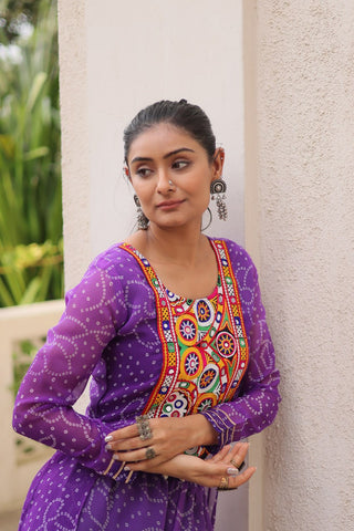 Purple Bandhani Print & Kutchi Gamthi Patchwork Top with Matching Bottom Set ClothsVilla