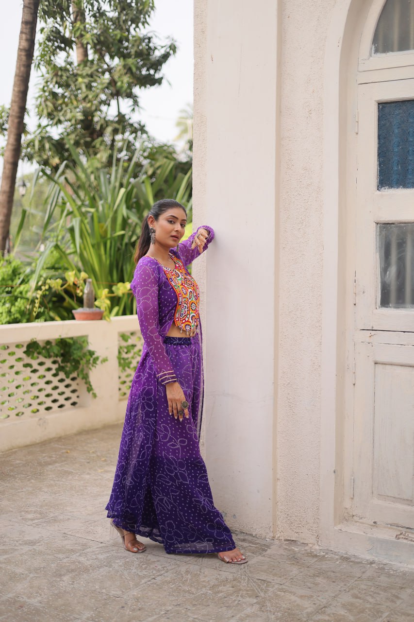 Purple Bandhani Print & Kutchi Gamthi Patchwork Top with Matching Bottom Set ClothsVilla