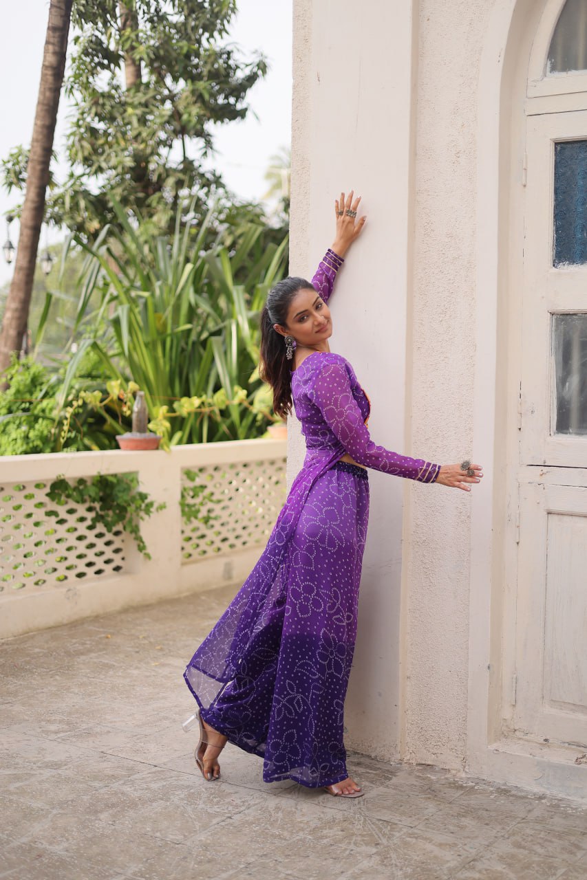 Purple Bandhani Print & Kutchi Gamthi Patchwork Top with Matching Bottom Set ClothsVilla