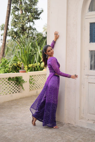 Purple Bandhani Print & Kutchi Gamthi Patchwork Top with Matching Bottom Set ClothsVilla