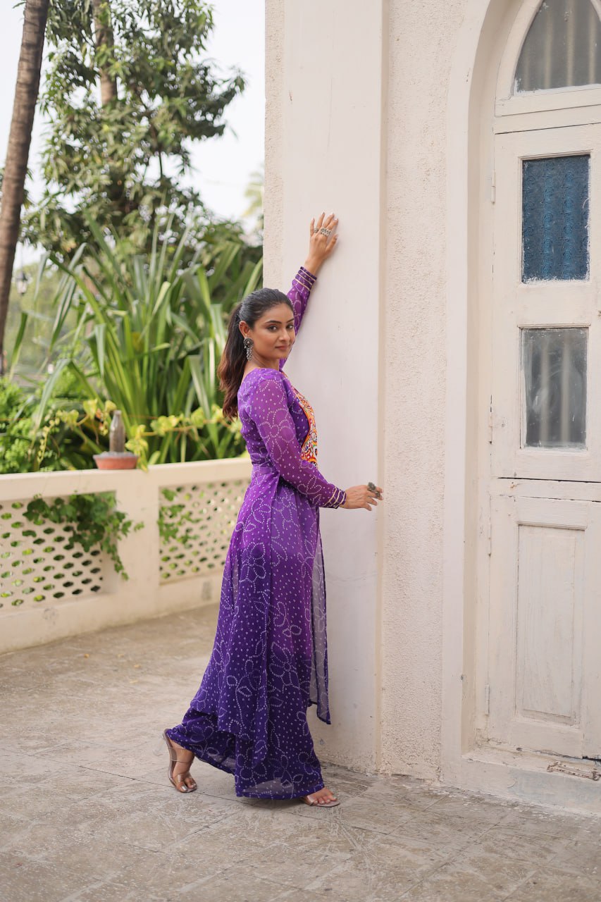 Purple Bandhani Print & Kutchi Gamthi Patchwork Top with Matching Bottom Set ClothsVilla