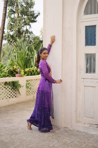 Purple Bandhani Print & Kutchi Gamthi Patchwork Top with Matching Bottom Set ClothsVilla