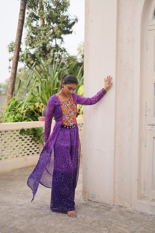 Purple Bandhani Print & Kutchi Gamthi Patchwork Top with Matching Bottom Set ClothsVilla