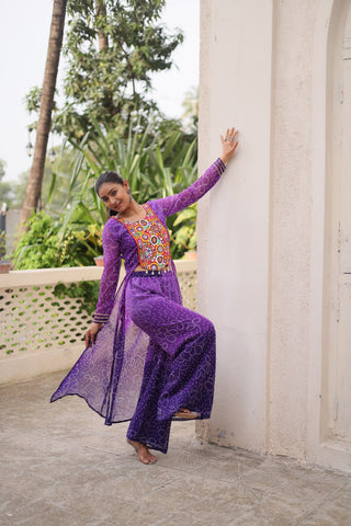 Purple Bandhani Print & Kutchi Gamthi Patchwork Top with Matching Bottom Set ClothsVilla
