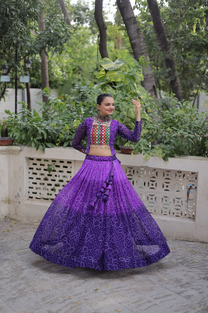 Purple Bandhani Print Lehenga with Kutchi Gamthi Patchwork & Matching Blouse ClothsVilla