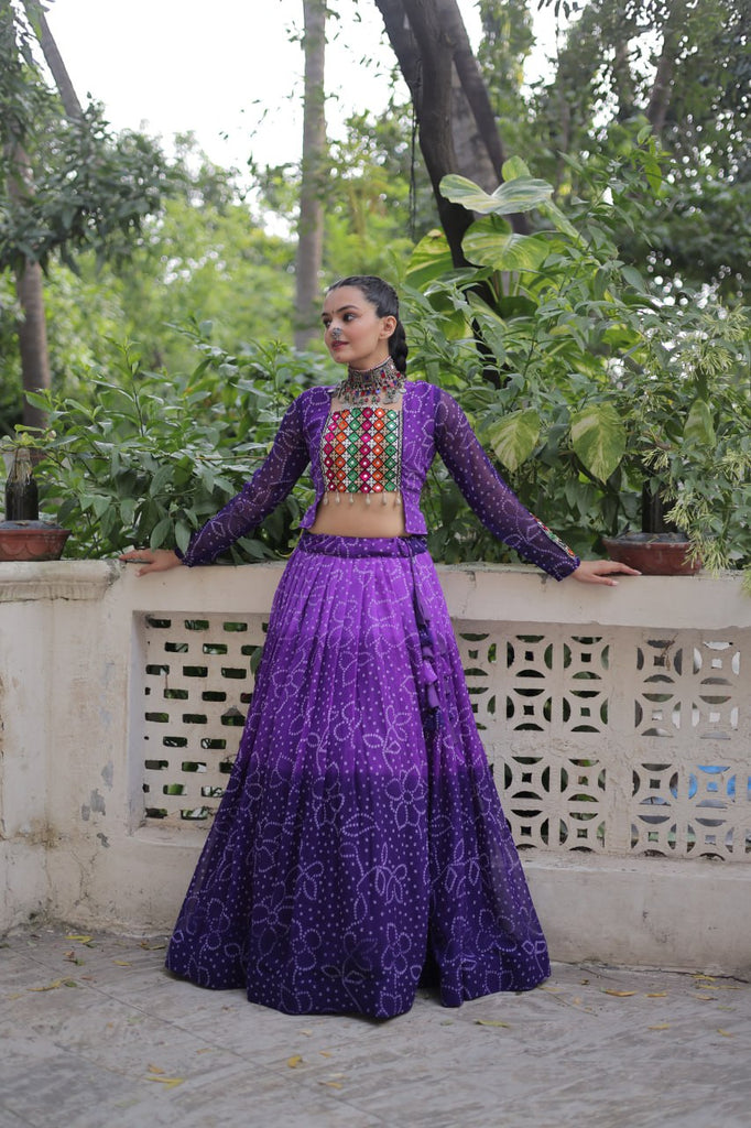 Purple Bandhani Print Lehenga with Kutchi Gamthi Patchwork & Matching Blouse ClothsVilla