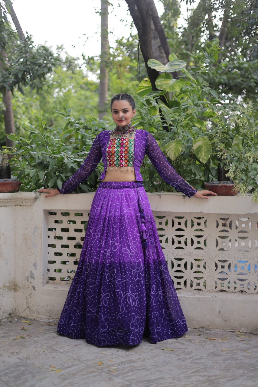 Purple Bandhani Print Lehenga with Kutchi Gamthi Patchwork & Matching Blouse ClothsVilla Main image