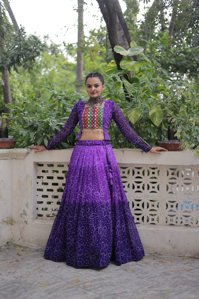 Purple Bandhani Print Lehenga with Kutchi Gamthi Patchwork & Matching Blouse ClothsVilla