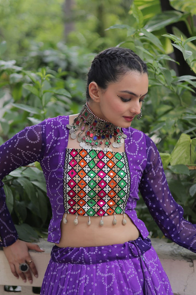 Purple Bandhani Print Lehenga with Kutchi Gamthi Patchwork & Matching Blouse ClothsVilla