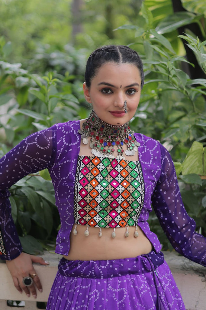 Purple Bandhani Print Lehenga with Kutchi Gamthi Patchwork & Matching Blouse ClothsVilla