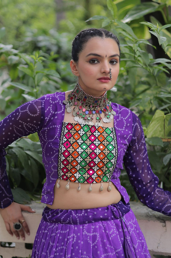 Purple Bandhani Print Lehenga with Kutchi Gamthi Patchwork & Matching Blouse ClothsVilla