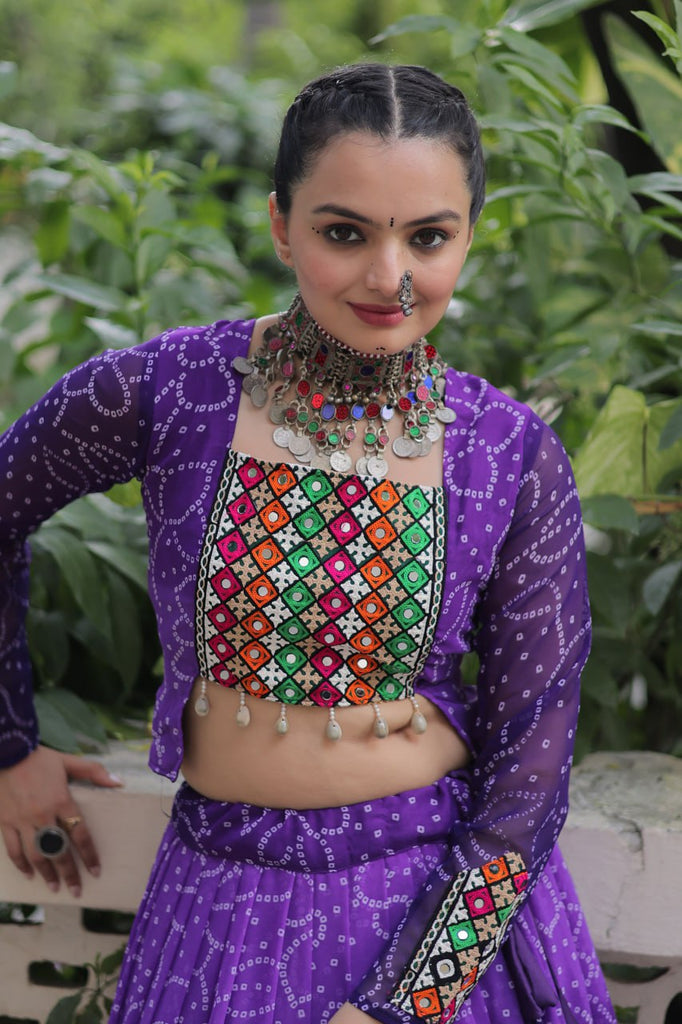 Purple Bandhani Print Lehenga with Kutchi Gamthi Patchwork & Matching Blouse ClothsVilla