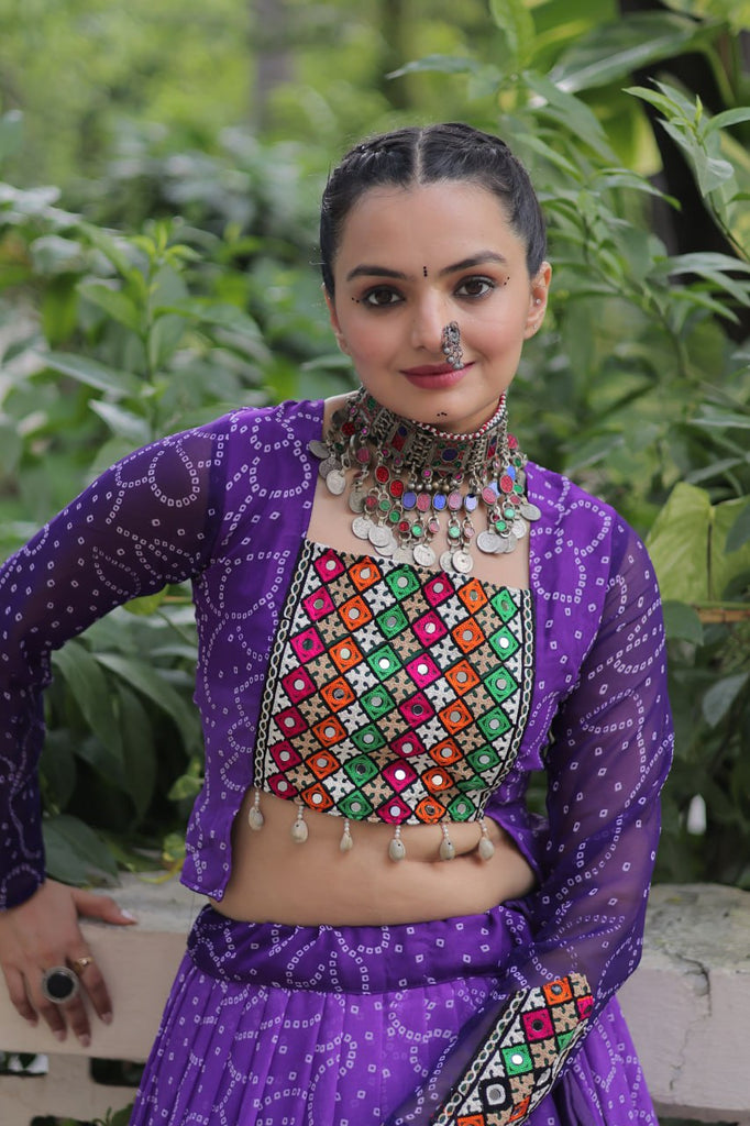 Purple Bandhani Print Lehenga with Kutchi Gamthi Patchwork & Matching Blouse ClothsVilla