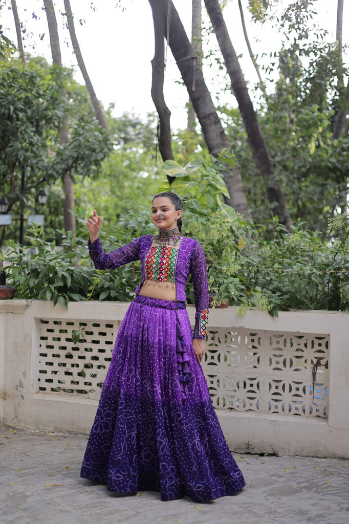 Purple Bandhani Print Lehenga with Kutchi Gamthi Patchwork & Matching Blouse ClothsVilla