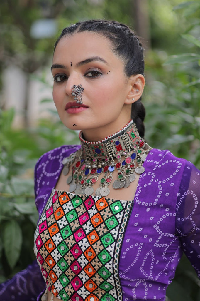 Purple Bandhani Print Lehenga with Kutchi Gamthi Patchwork & Matching Blouse ClothsVilla