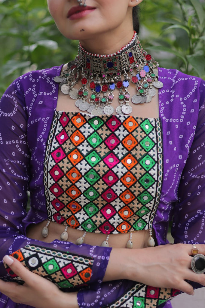 Purple Bandhani Print Lehenga with Kutchi Gamthi Patchwork & Matching Blouse ClothsVilla