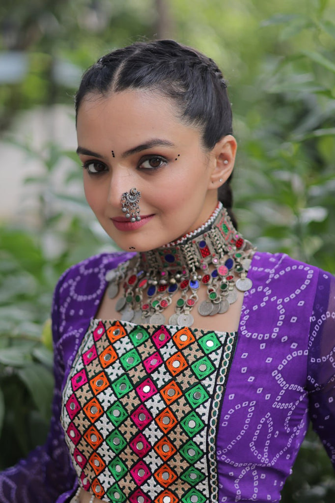 Purple Bandhani Print Lehenga with Kutchi Gamthi Patchwork & Matching Blouse ClothsVilla