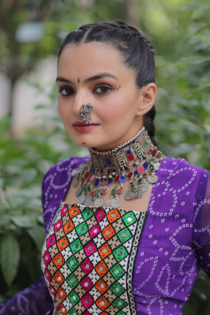 Purple Bandhani Print Lehenga with Kutchi Gamthi Patchwork & Matching Blouse ClothsVilla