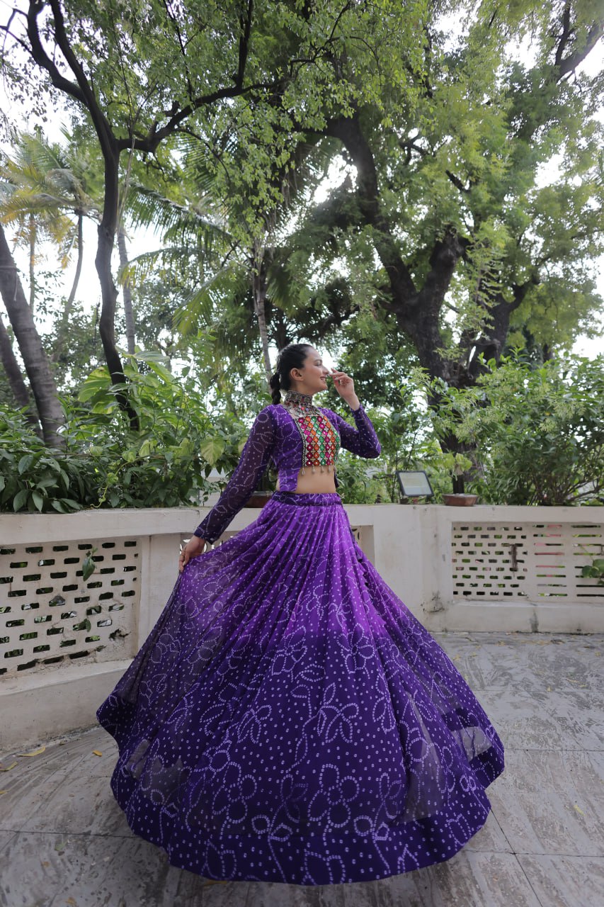 Purple Bandhani Print Lehenga with Kutchi Gamthi Patchwork & Matching Blouse ClothsVilla