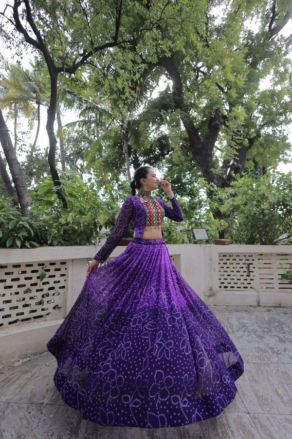 Purple Bandhani Print Lehenga with Kutchi Gamthi Patchwork & Matching Blouse ClothsVilla