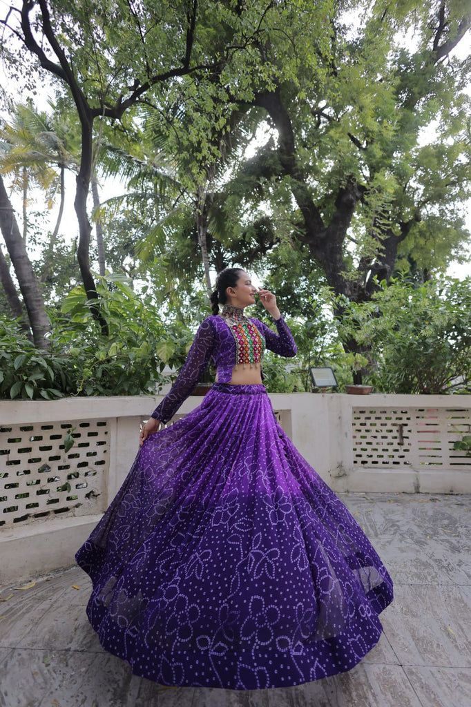 Purple Bandhani Print Lehenga with Kutchi Gamthi Patchwork & Matching Blouse ClothsVilla