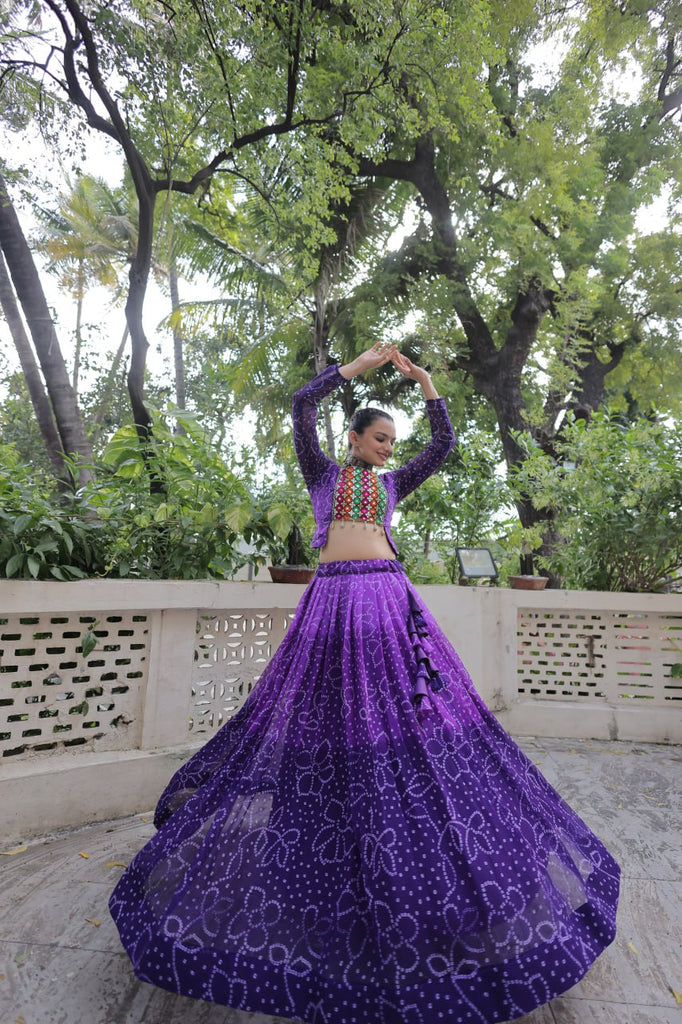 Purple Bandhani Print Lehenga with Kutchi Gamthi Patchwork & Matching Blouse ClothsVilla