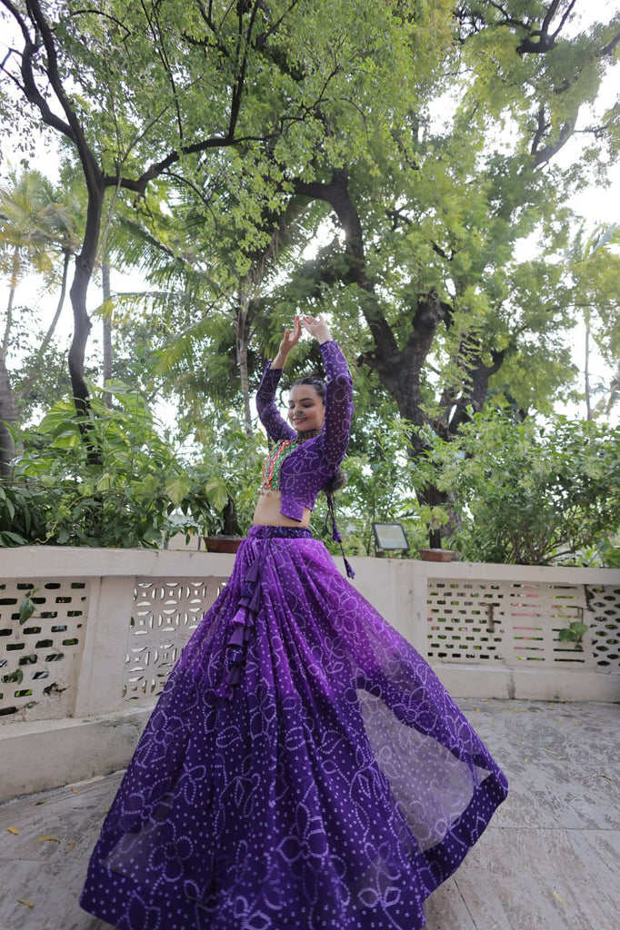 Purple Bandhani Print Lehenga with Kutchi Gamthi Patchwork & Matching Blouse ClothsVilla