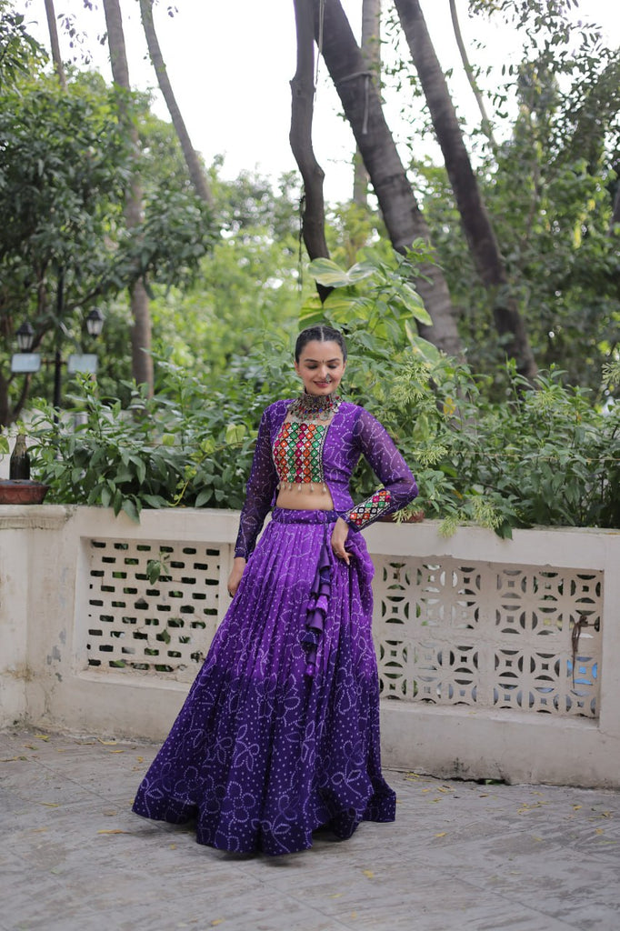 Purple Bandhani Print Lehenga with Kutchi Gamthi Patchwork & Matching Blouse ClothsVilla