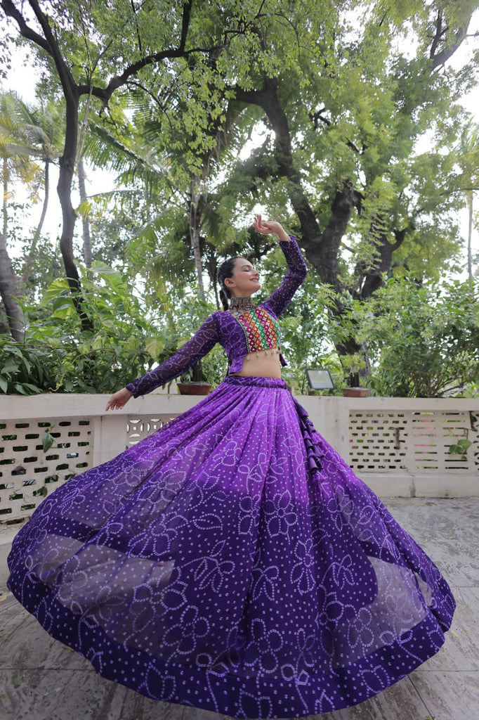 Purple Bandhani Print Lehenga with Kutchi Gamthi Patchwork & Matching Blouse ClothsVilla