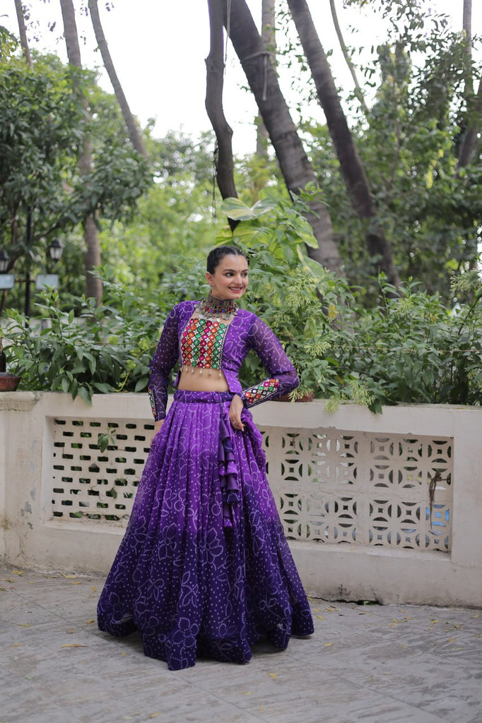 Purple Bandhani Print Lehenga with Kutchi Gamthi Patchwork & Matching Blouse ClothsVilla