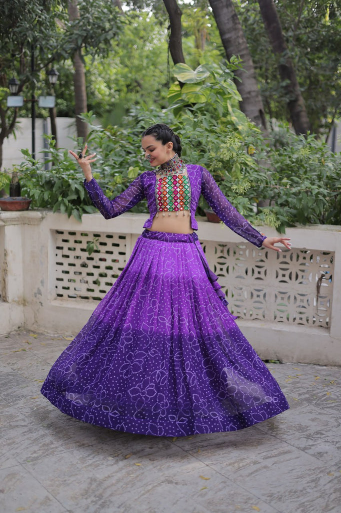 Purple Bandhani Print Lehenga with Kutchi Gamthi Patchwork & Matching Blouse ClothsVilla