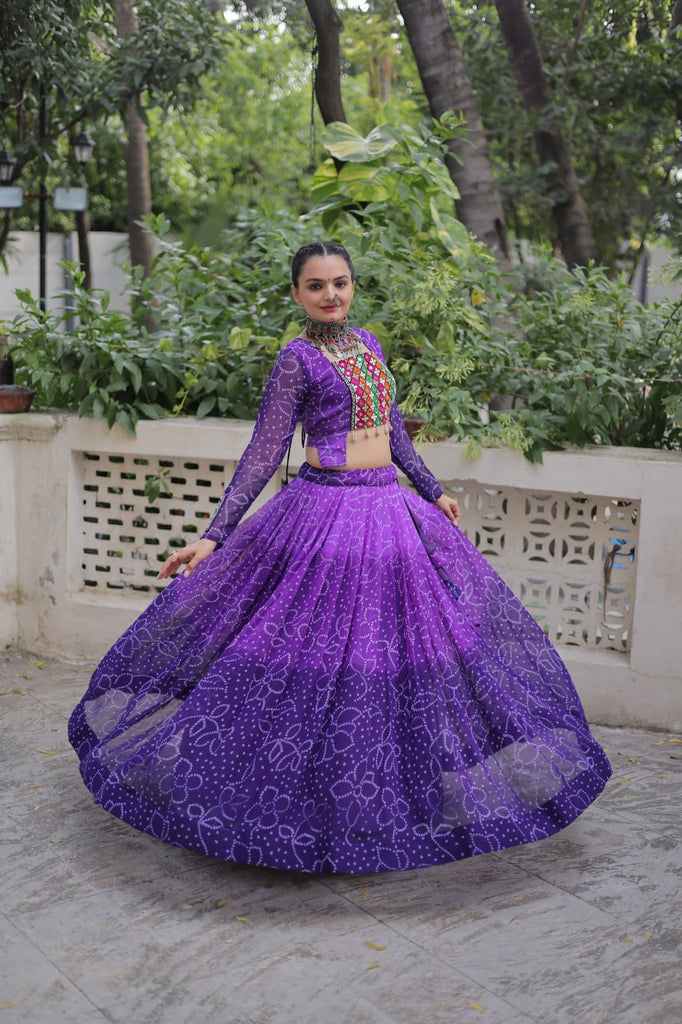 Purple Bandhani Print Lehenga with Kutchi Gamthi Patchwork & Matching Blouse ClothsVilla